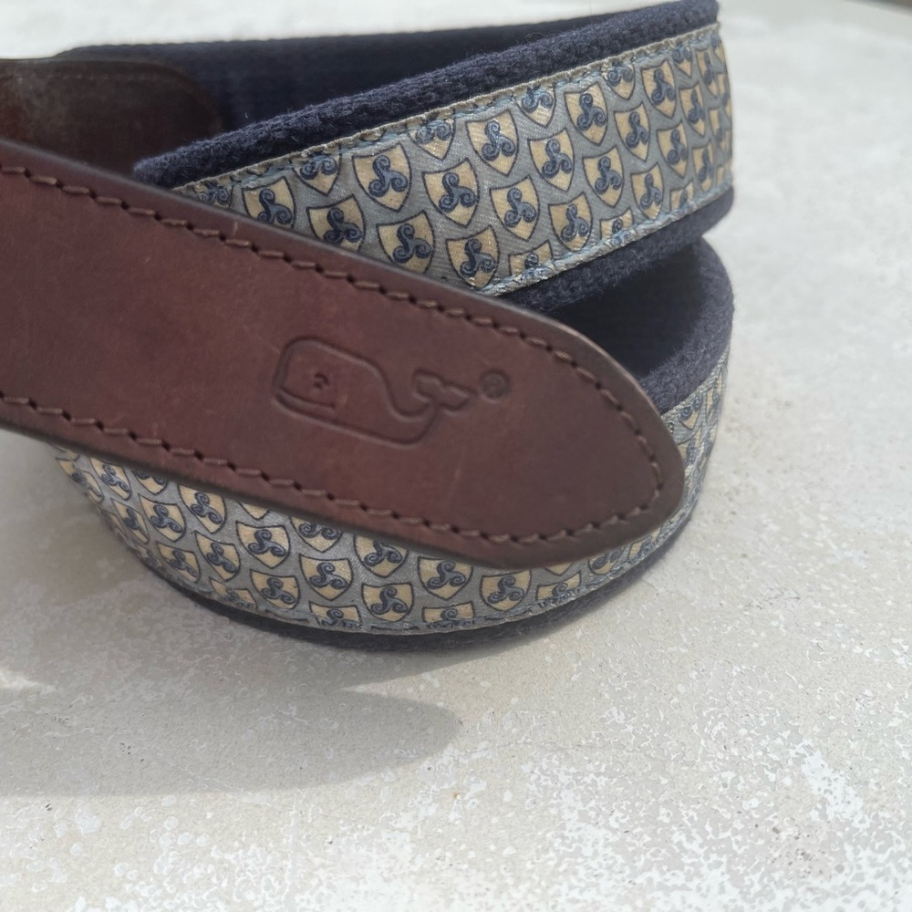 Vineyard Vines Blue Patterned Fabric Belt with Brown Leather and Gold Buckle